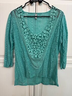 Cottagecore Teal Crochet Lace Scoop Neck Blouse. Size L. Festival summer